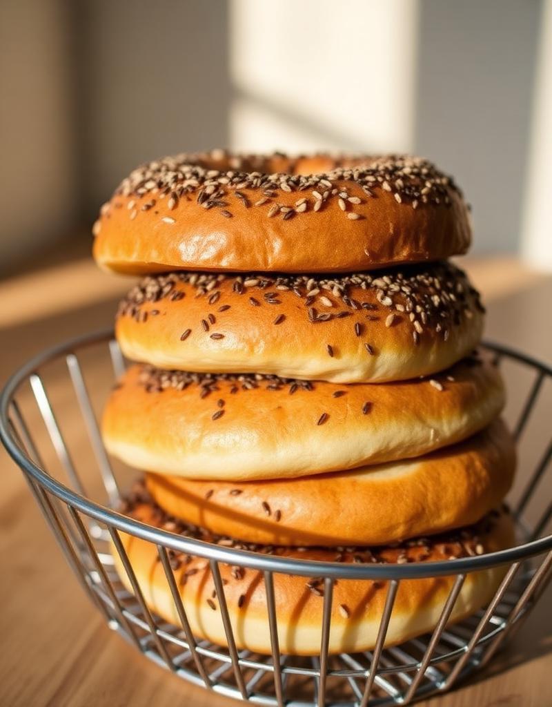 Fresh stack of NY style bagels in a wire basket